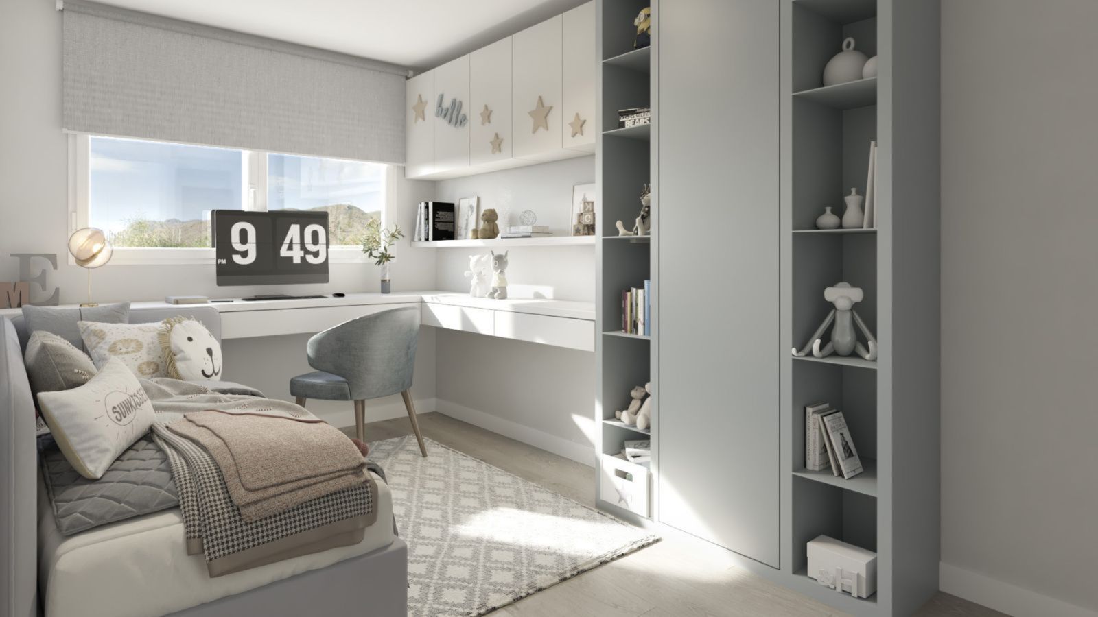 Modernt barnrum med säng, skrivbord och förvaring.