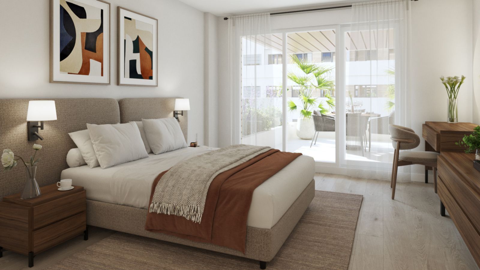 Stilfullt sovrum med balkongutsikt i Living Gardens