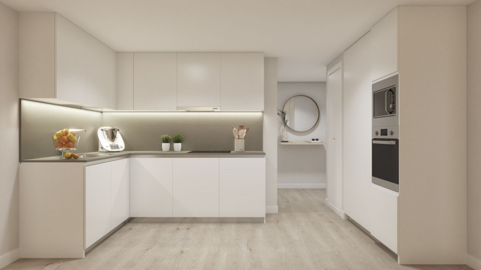 Modern white kitchen with wood floor in Residencial Living Gardens.