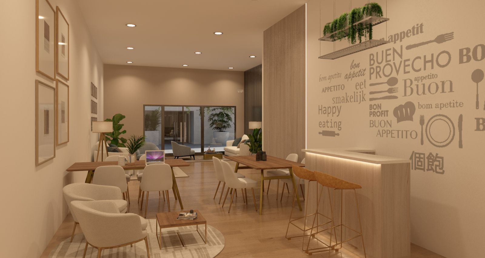 Modern apartment interior featuring open living and dining area in neutral tones.