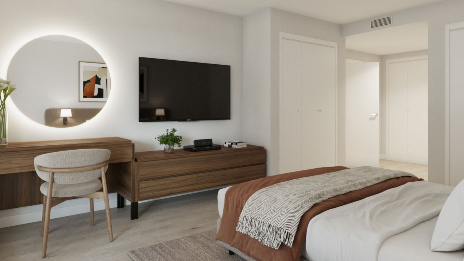 Modern bedroom interior with wooden furniture and mirror.